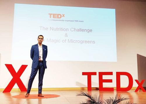 Karan Mahajan, Managing Partner of Durga Seed Farm, delivering his TedX talk at MIET Jammu